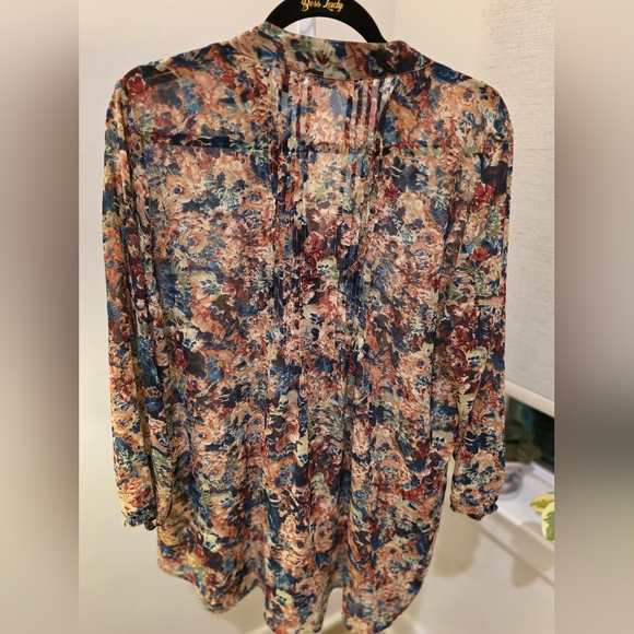 Multicolor Sheer Boho Floral Tunic Top Office Whimsy V-Neck Topper L - Picture 3 of 3